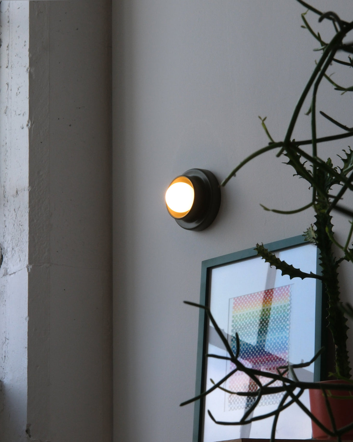 Q Sconce, lit, beside a plant, room setting