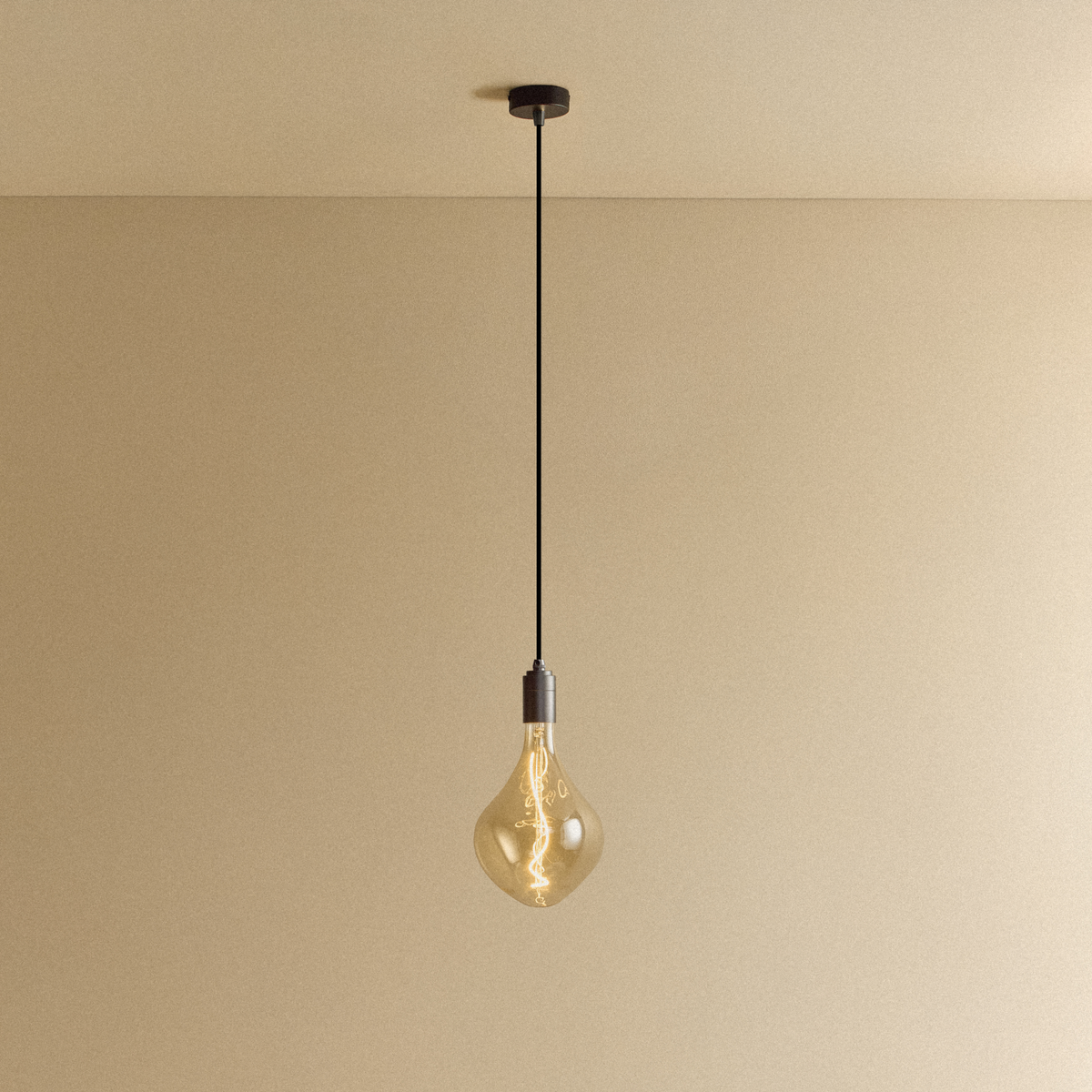 Voronoi II Pendant Light in Graphite by Tala, switched on, hanging from a ceiling canopy