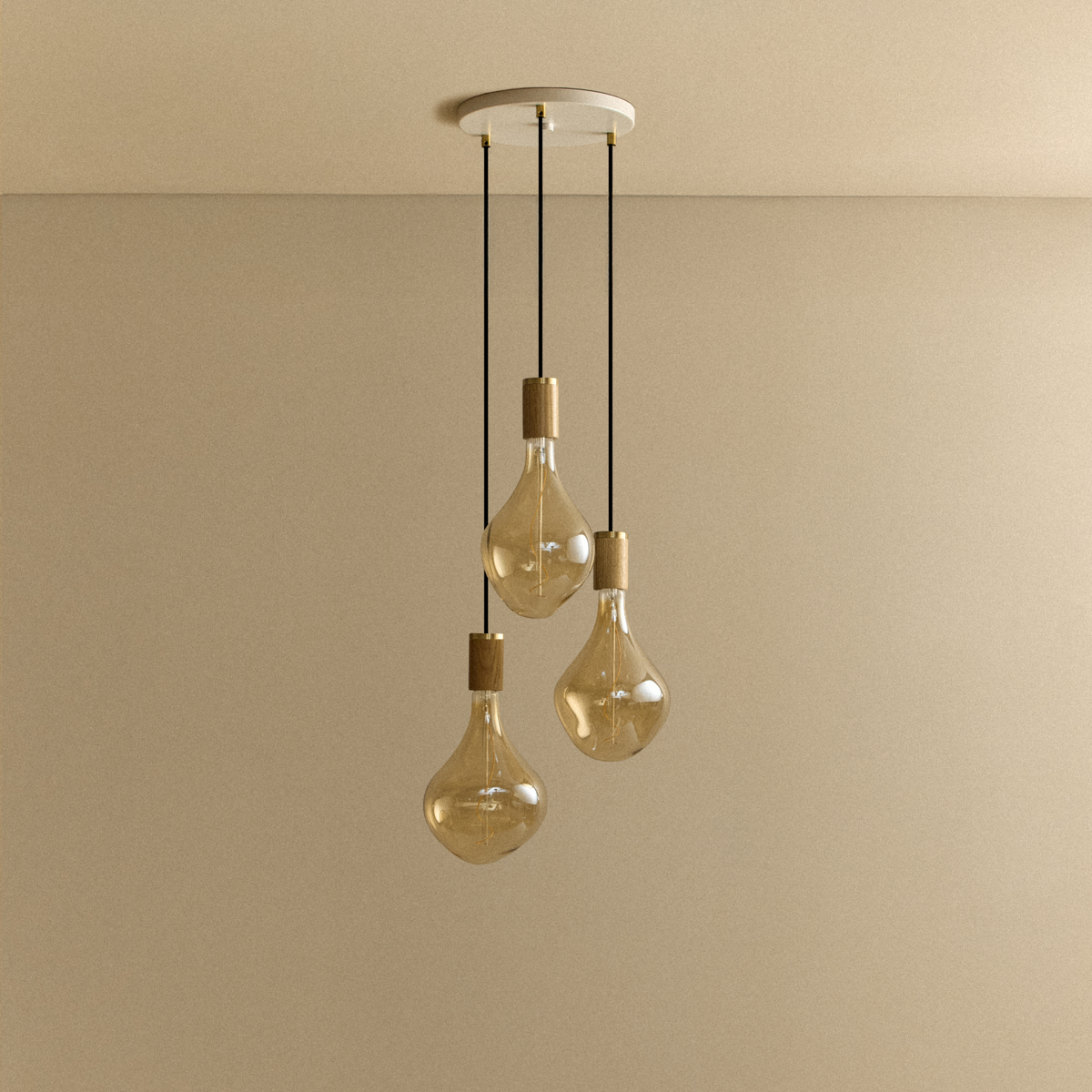 Voronoi II Triple Pendant in Oak with a white canopy, switched off