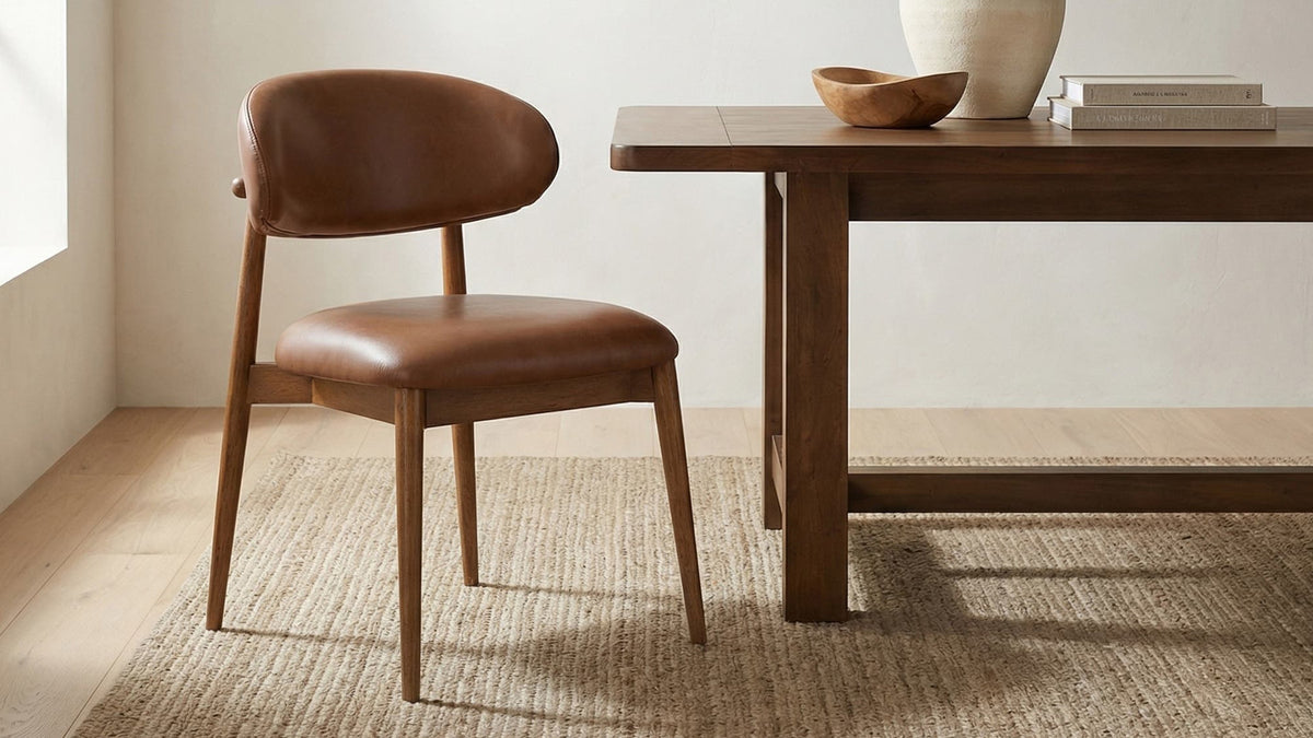 A single Moe's Home Collection Ellie dining chair in brown top grain leather beside a walnut dining table on a jute rug, showing the padded winged backrest in profile