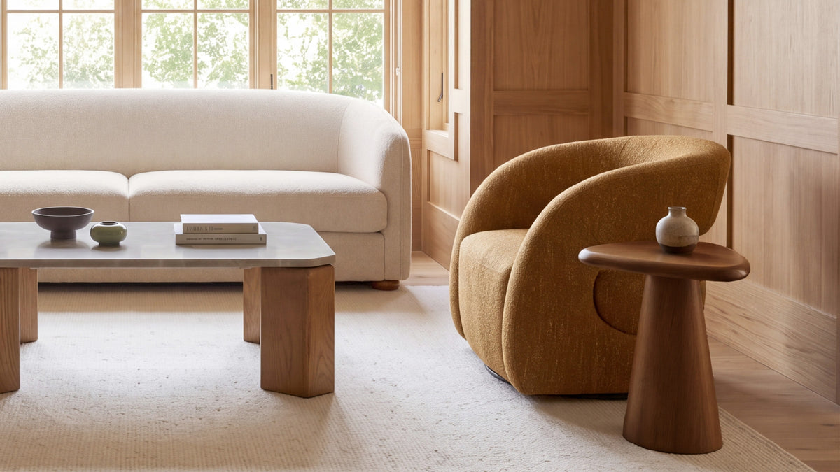 Rodi Side Table in Brown beside a swivel chair in a wood-panelled living room