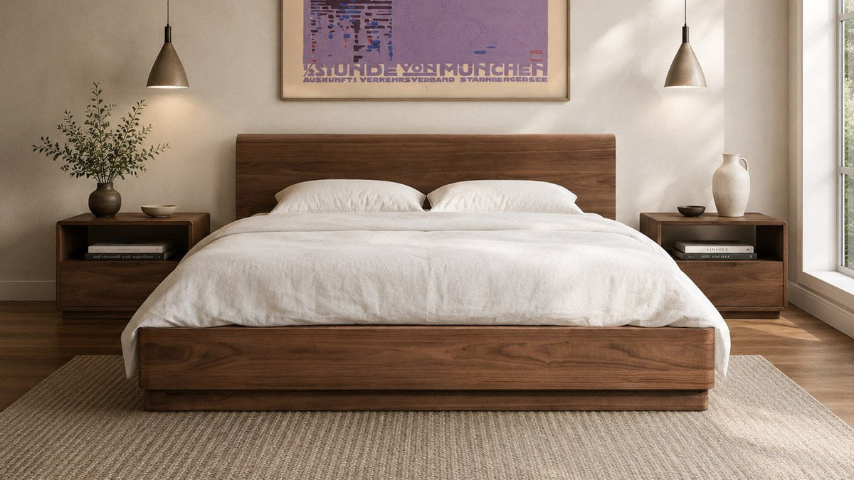 Moe's Home Collection Round Off bed in walnut brown, styled between matching nightstands beneath a framed poster