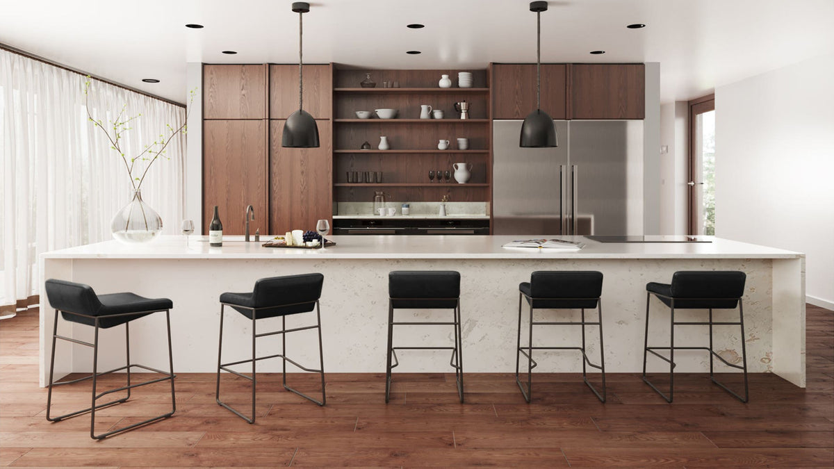 The Starlet Counter Stool by Moe's Home Collection, top grain leather on an iron frame, sold as a set of two, in a room setting
