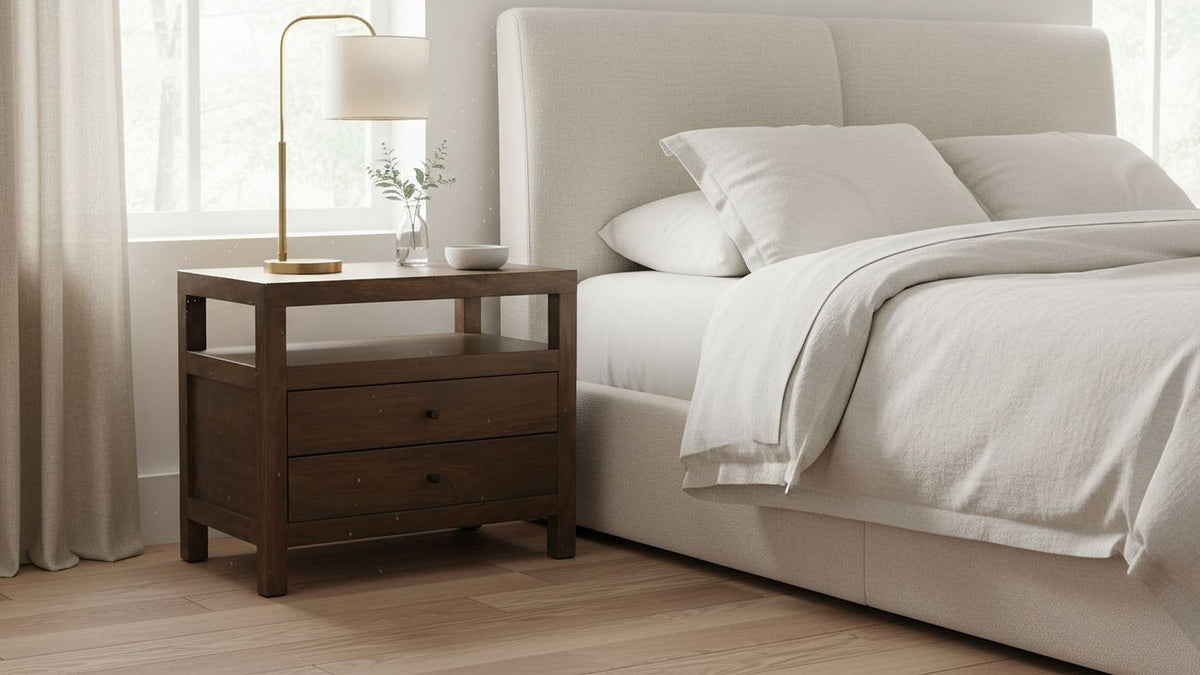 Moe's Home Collection Windsor nightstand in dark brown solid neem wood beside an upholstered bed, an open shelf above two drawers within its squared frame, with a brass lamp, a small vase of greenery and a white bowl on top