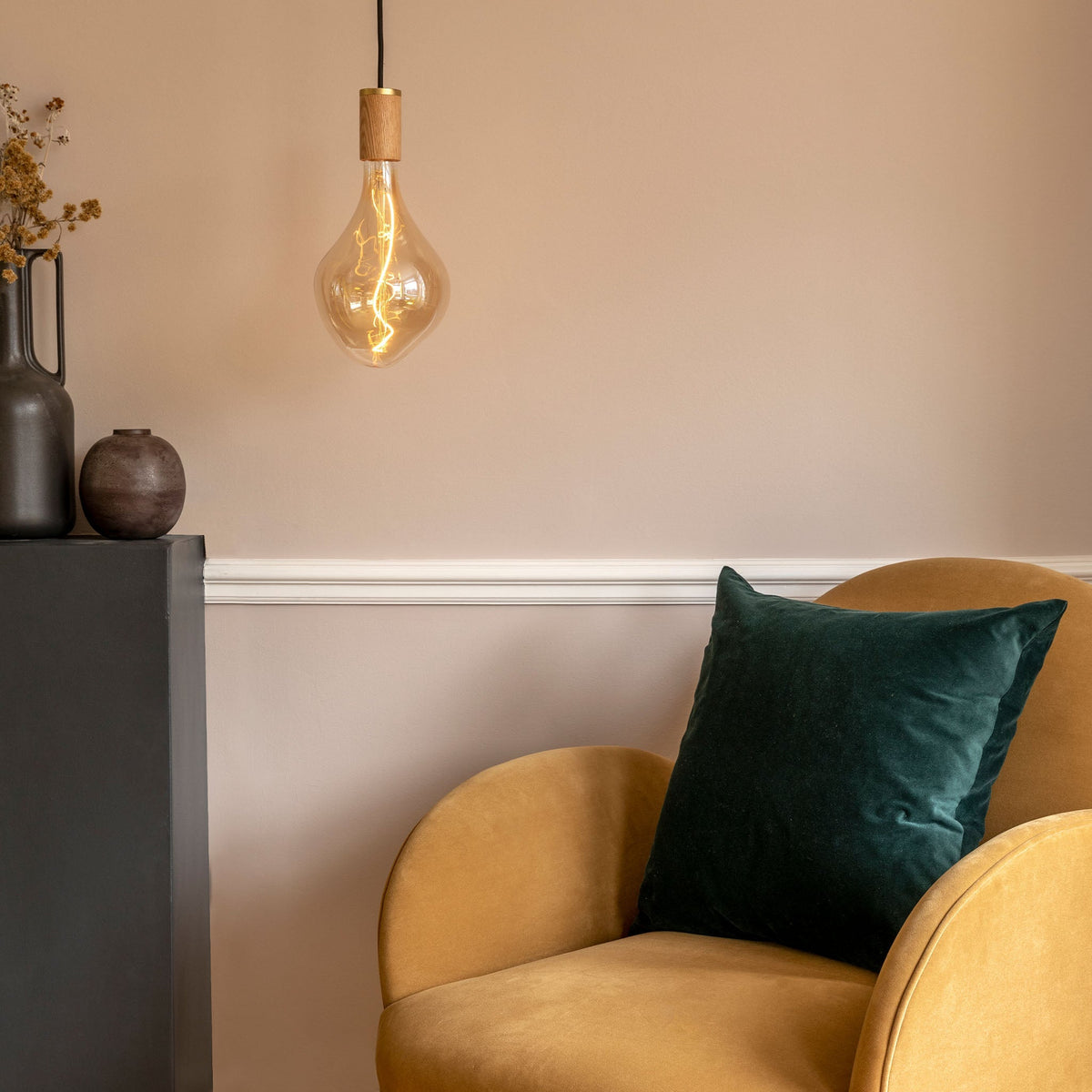 Voronoi II Pendant Light in Oak in a living room