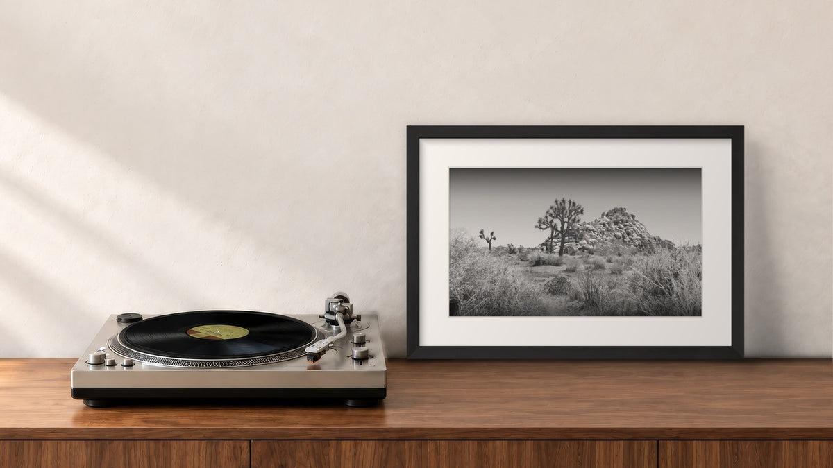 Joshua Tree, 2010 Framed Print in a black frame, leaning on a walnut console beside a turntable
