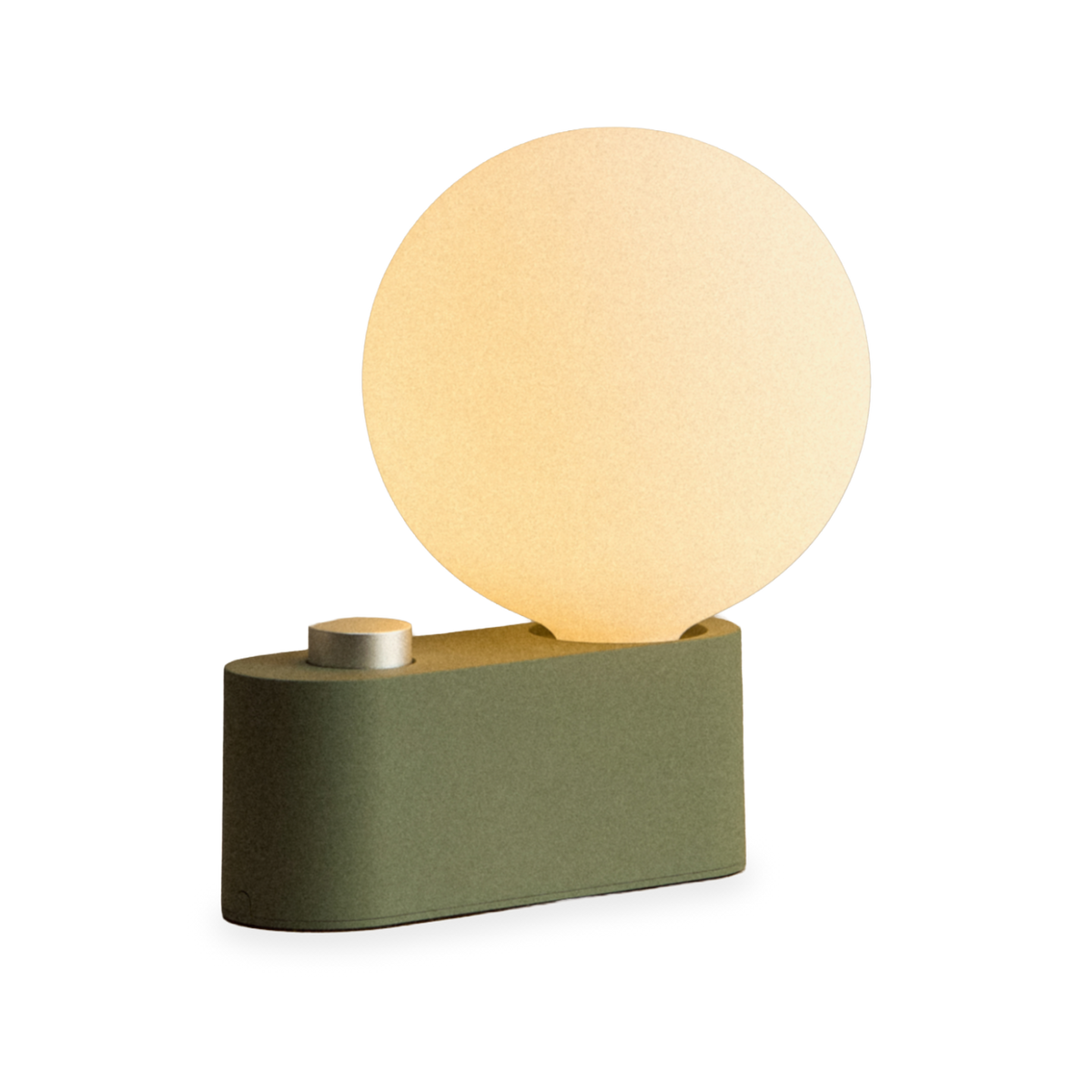 Alumina Lamp in Sage, lit, front view