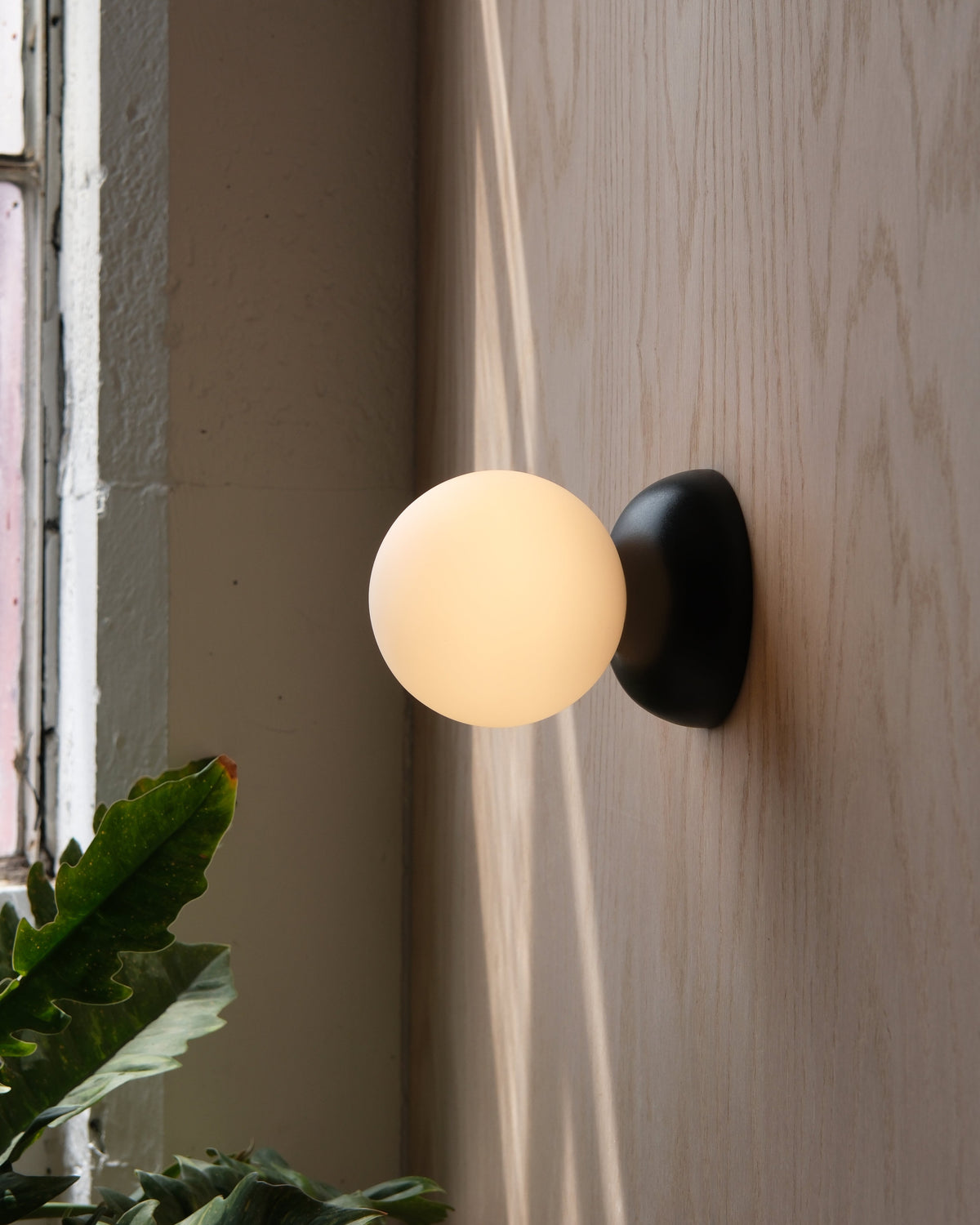 Monroe Sconce in Black, lit, beside a window