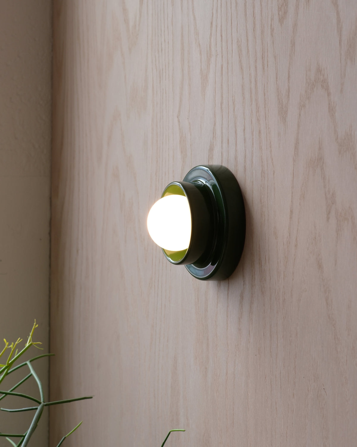 Q Sconce in Green on a wood wall, side view