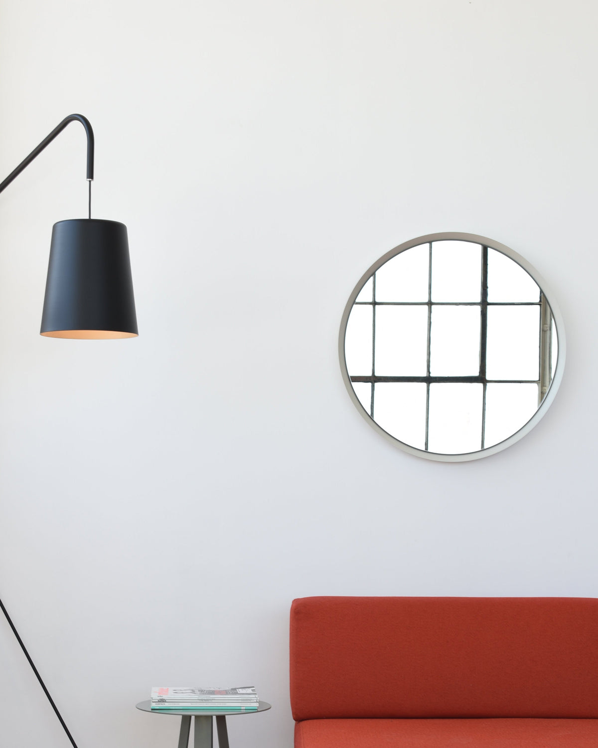 Kendrick Round Mirror in White, room setting