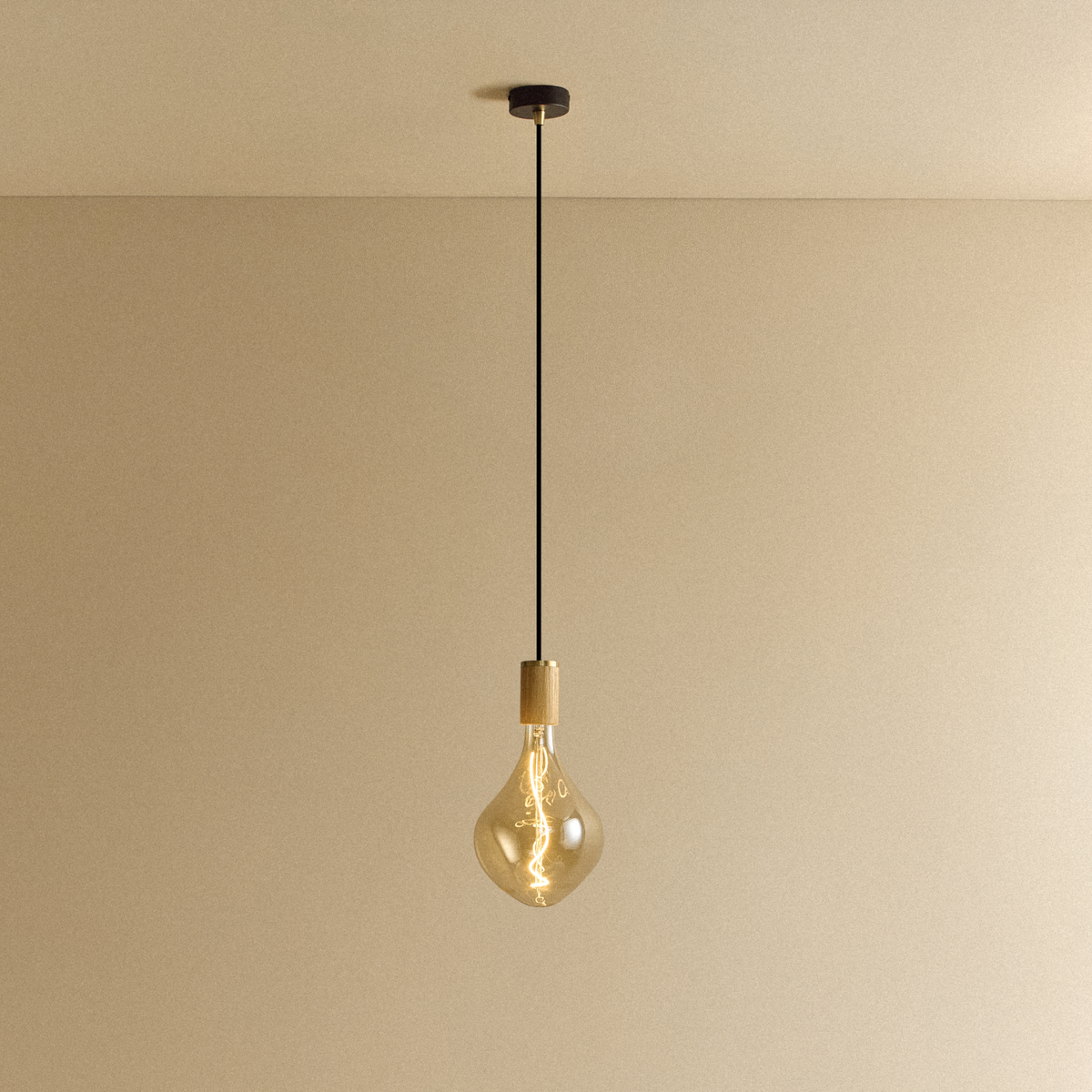 Voronoi II Pendant Light in Oak by Tala, switched on, hanging from a ceiling canopy