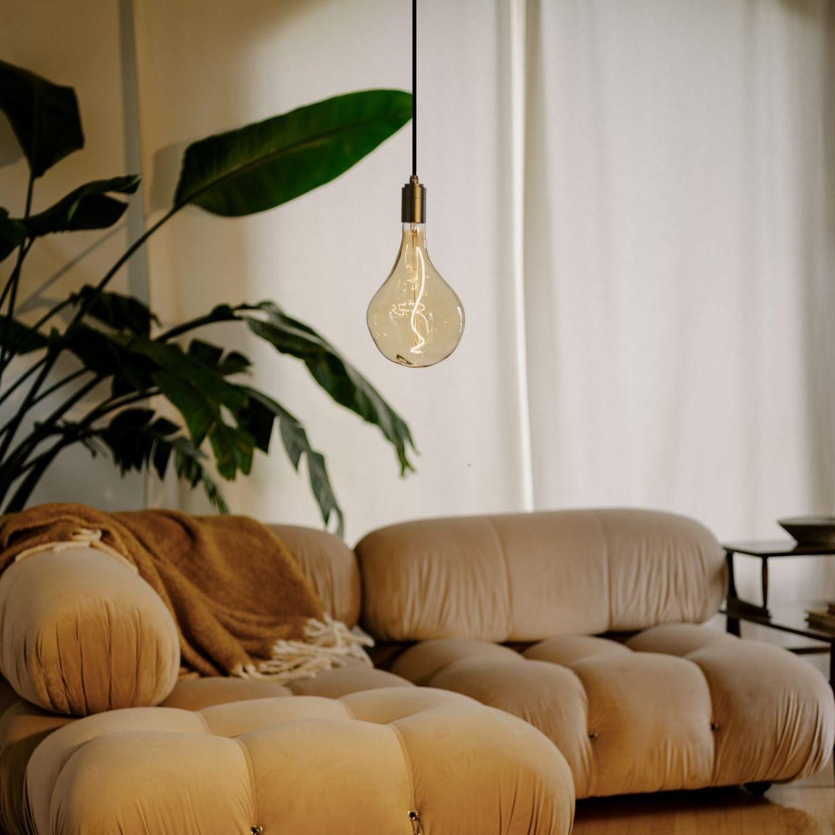 Voronoi II Plug-In Pendant in Graphite over a sofa