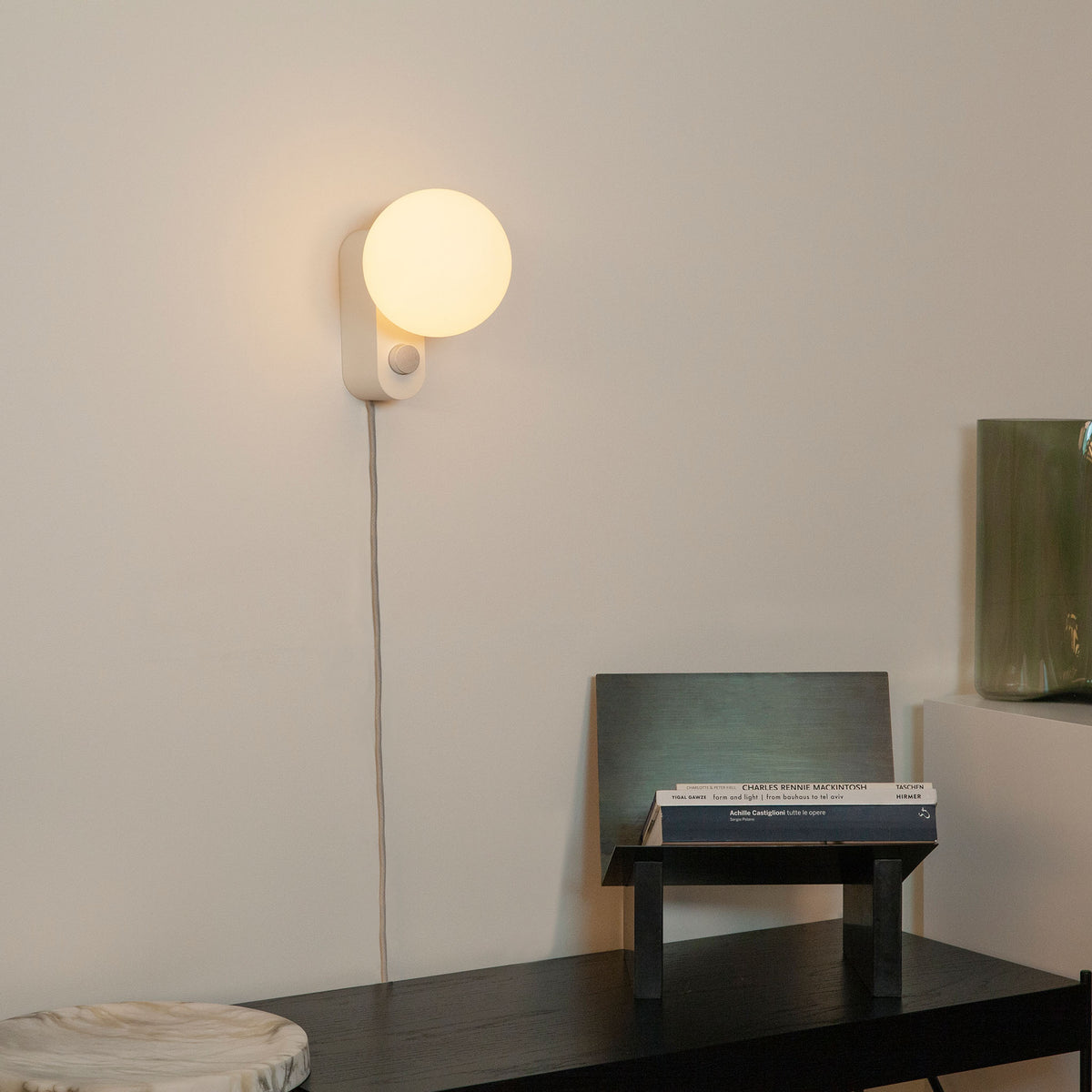 Alumina Lamp in Chalk mounted on a hallway wall