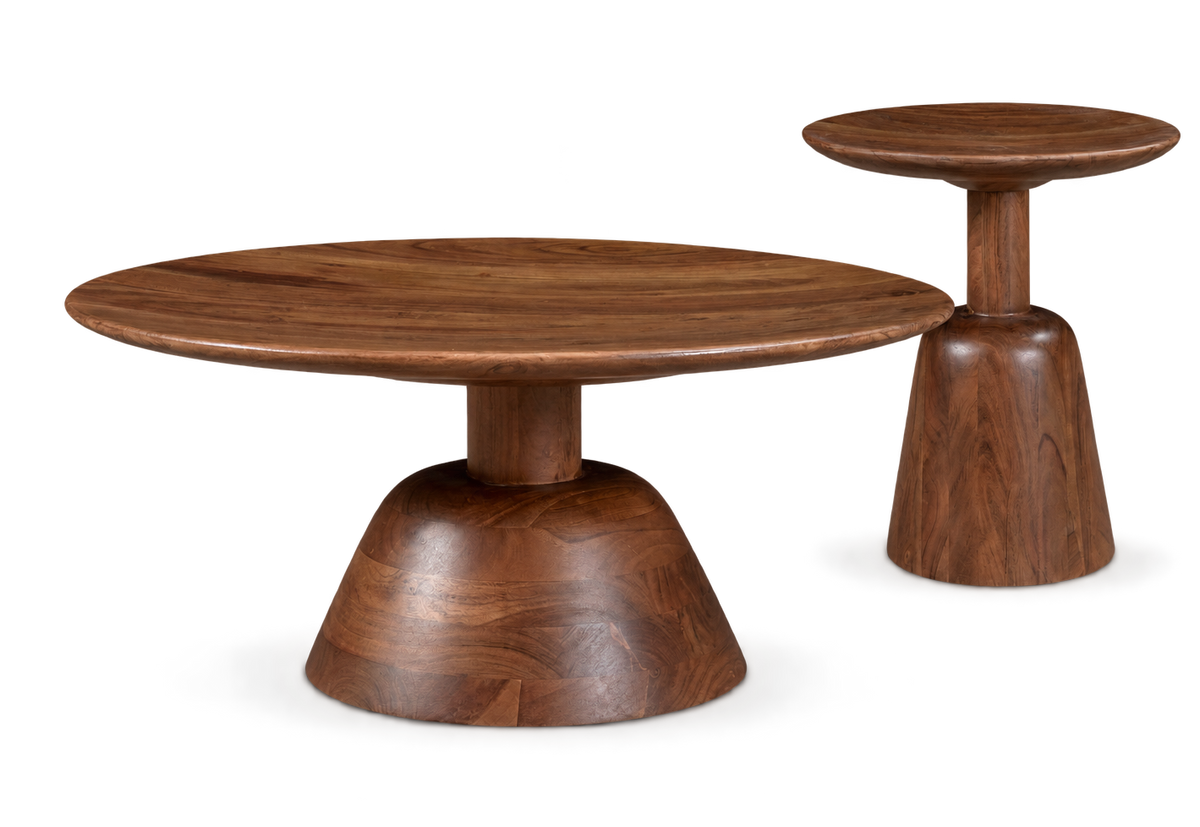 A mid-century modern wooden coffee table and matching side table set, crafted from rich walnut wood with a distinctive flared pedestal base and rounded oval tops, shown on a clean white background.