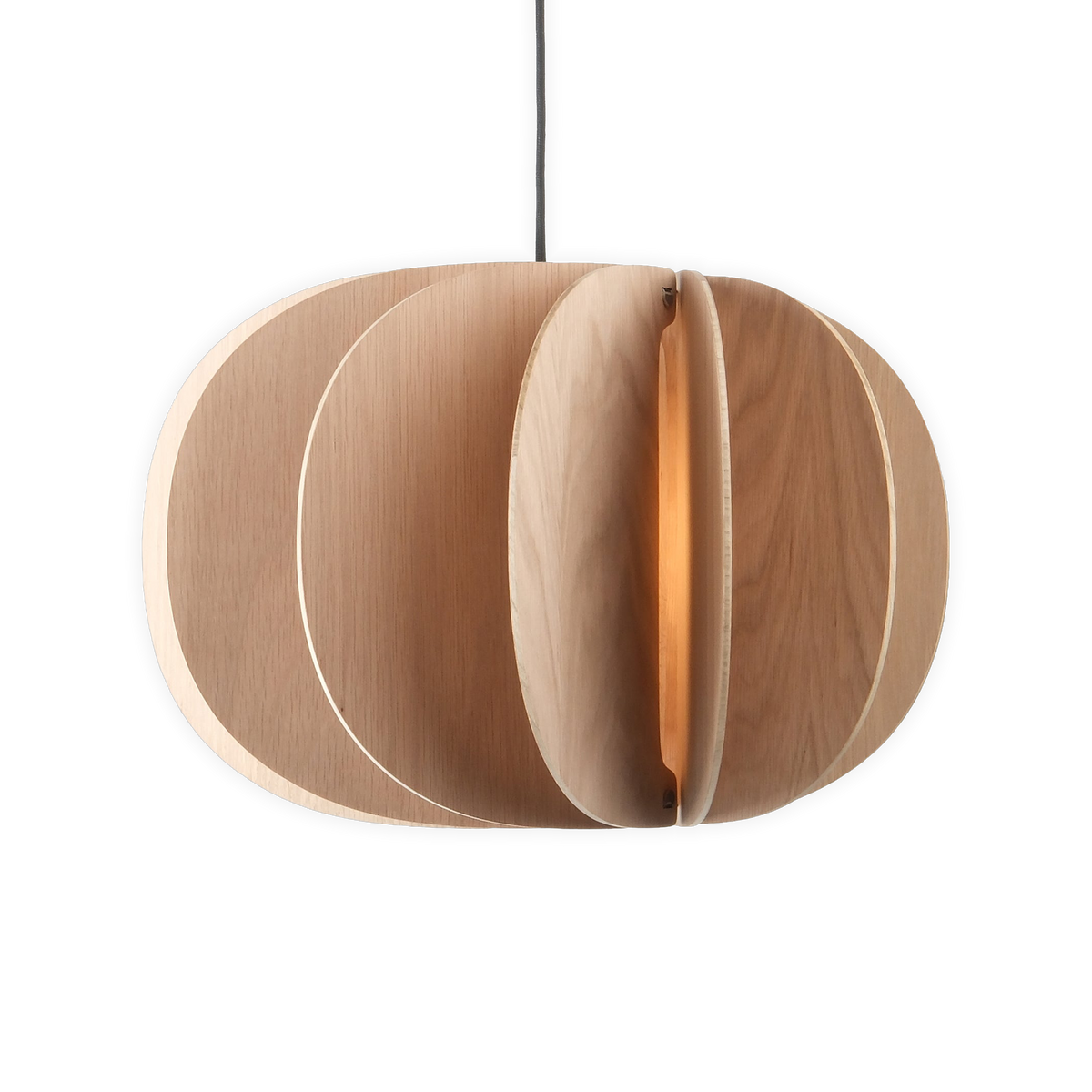 Fin I Pendant in White Oak, lit, front view