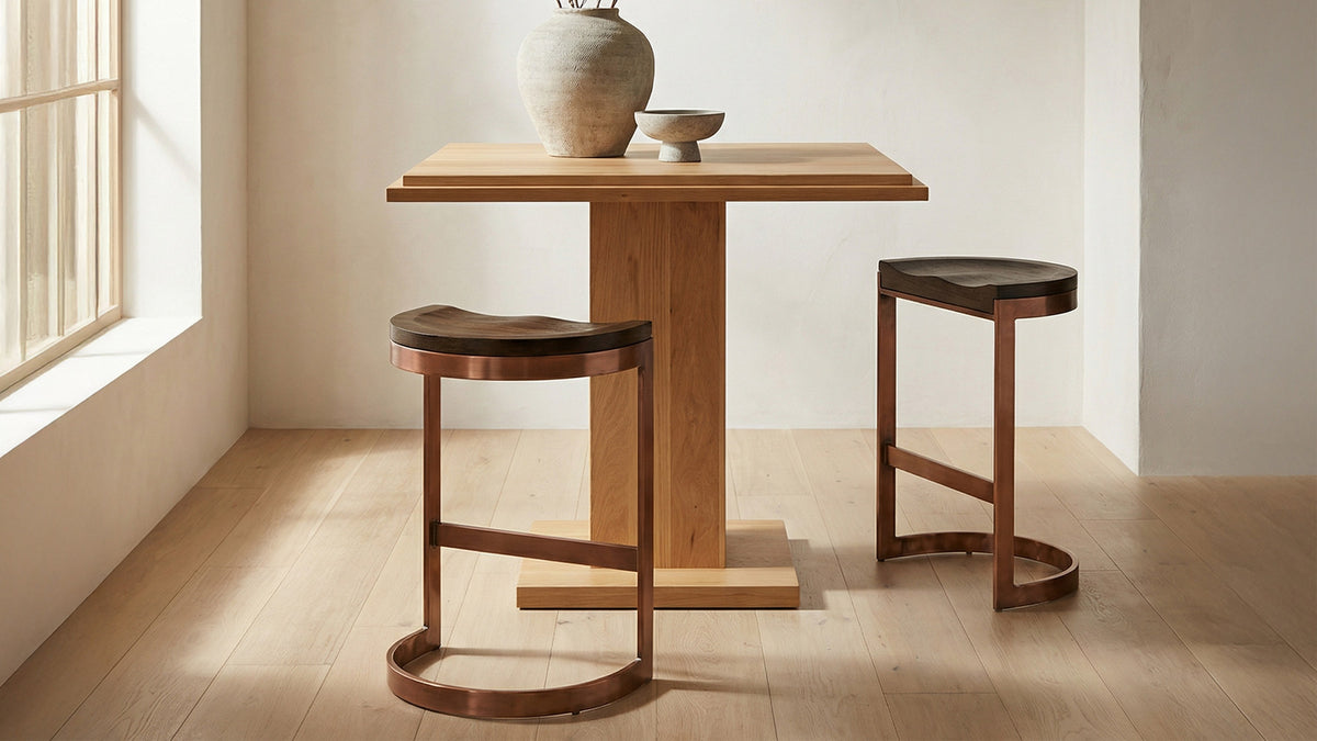 The Bancroft Counter Stool by Moe's Home Collection, solid mango on a curved iron base, in a room setting