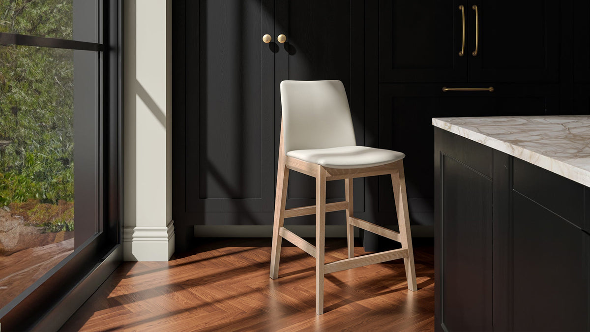 The Deco Counter Stool by Moe's Home Collection, PVC upholstery on a solid walnut or white oak frame, in a room setting