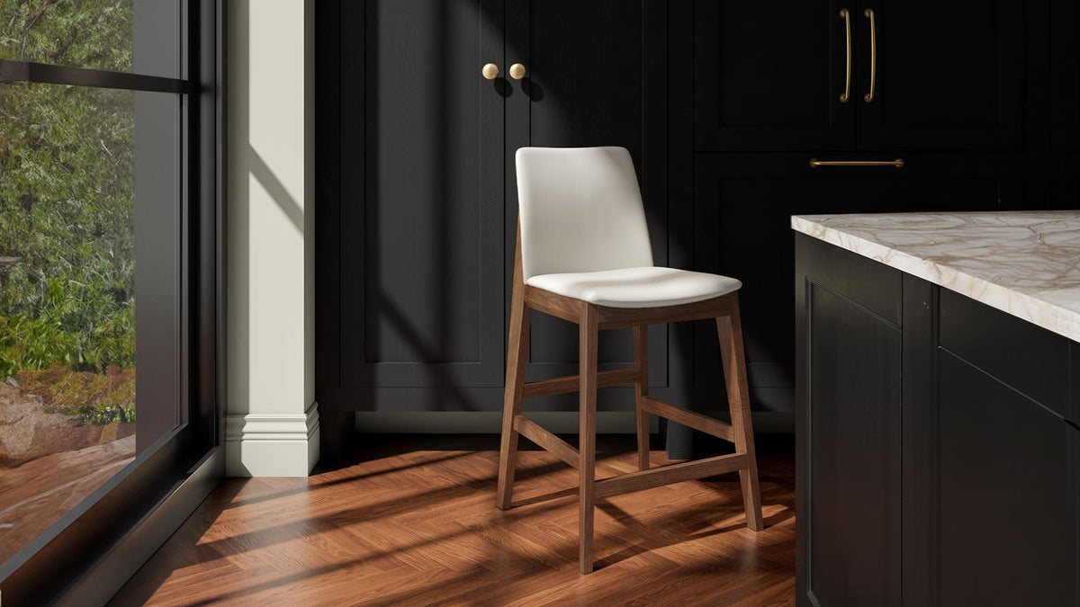 The Deco Counter Stool by Moe's Home Collection, PVC upholstery on a solid walnut or white oak frame, in a room setting