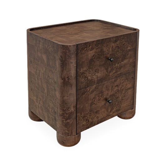 Gibson Nightstand in Burl, three-quarter view
