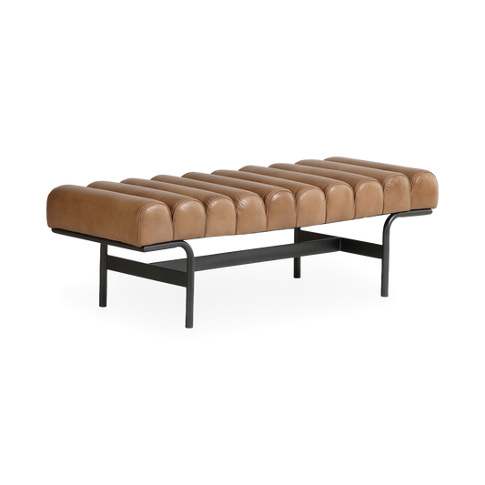 Harrison Bench in Tan, three-quarter view