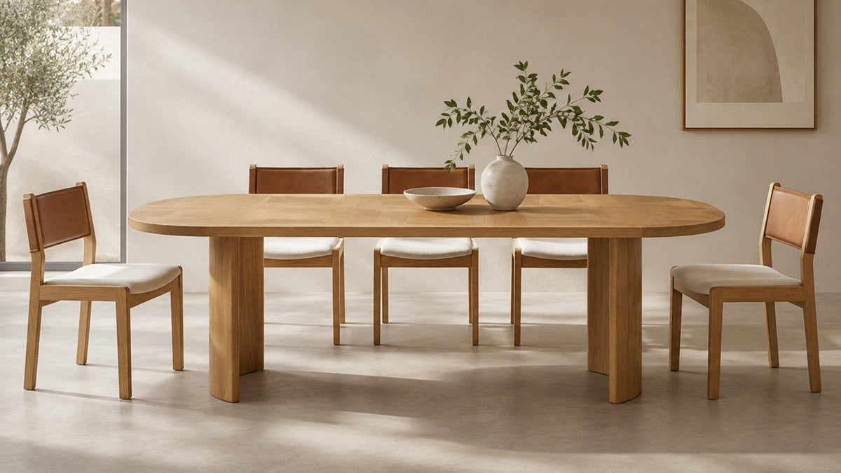 Moe's Home Collection Mallory dining table in natural oak, its parquet checkerboard top and two curved panel legs set in a pale plaster room with tan leather dining chairs, a concrete floor and an olive tree beyond the window