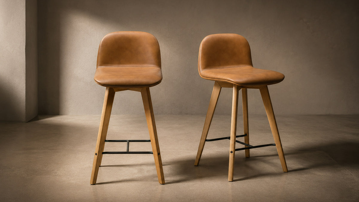 The Napoli Leather Counter Stool by Moe's Home Collection, tan top grain leather on a solid oak frame, in a room setting