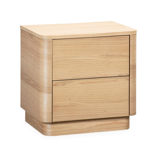 Round Off Tall Nightstand in Light Oak, three-quarter view