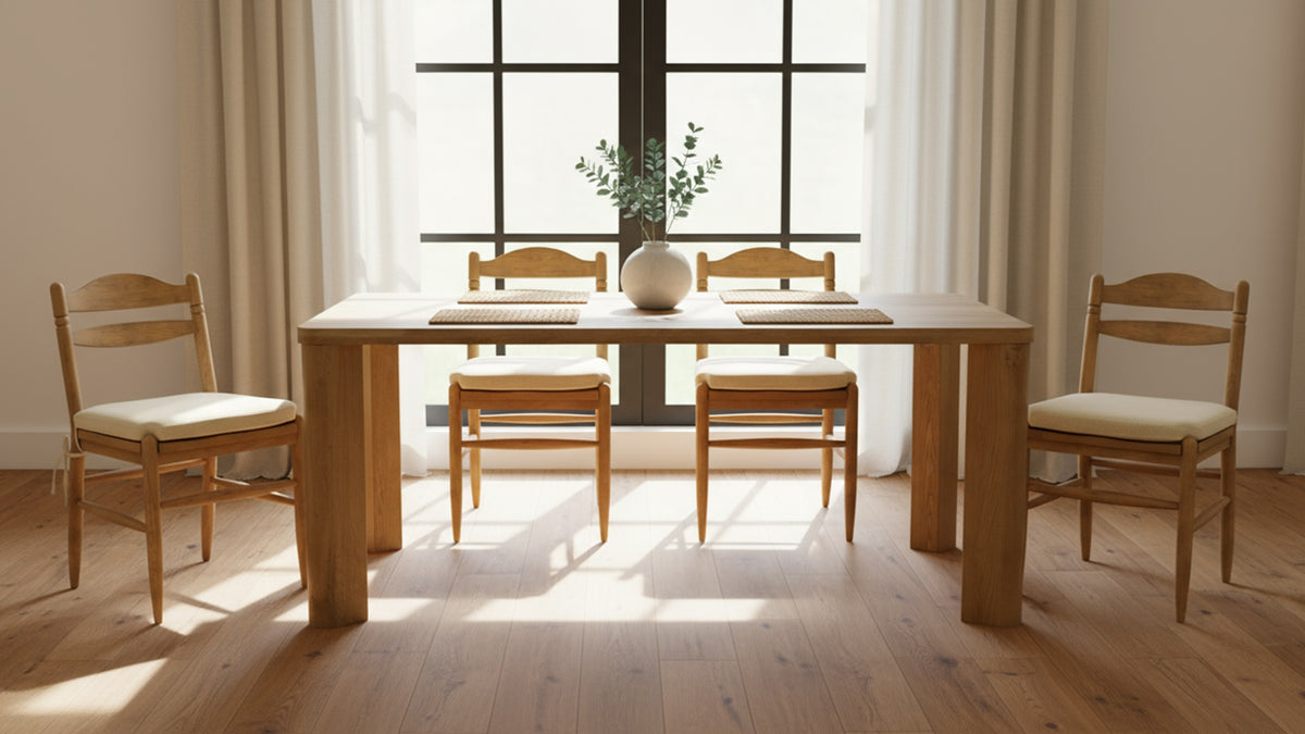 The Segment dining table in light, natural solid oak, seen straight on with four spindle-back chairs and woven placemats, in a pale room with a tall black-framed window behind it