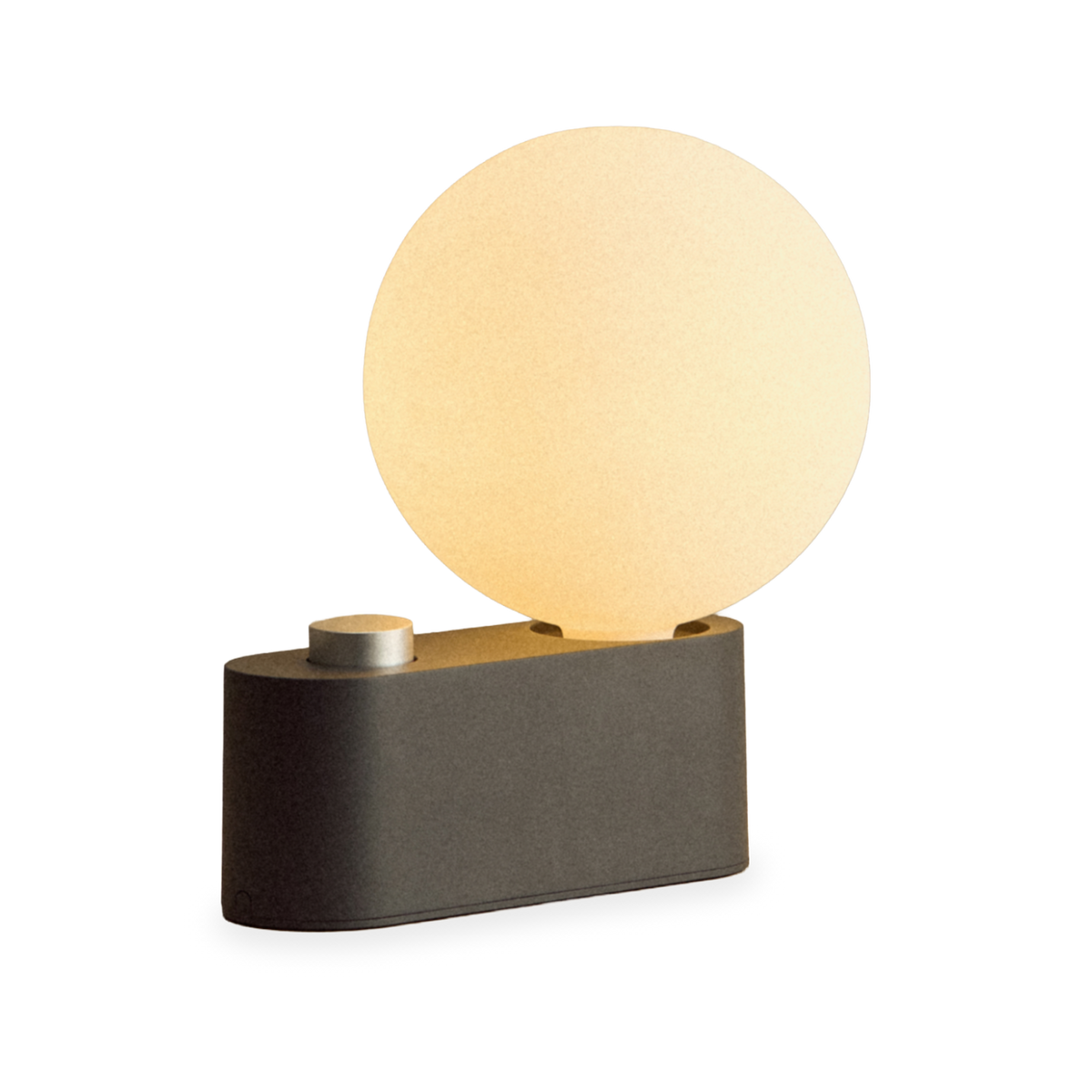 Alumina Lamp in Charcoal, lit, front view