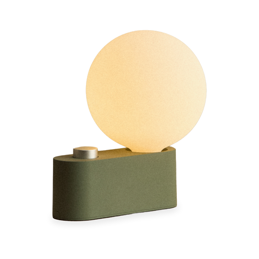 Alumina Lamp in Sage, lit, front view